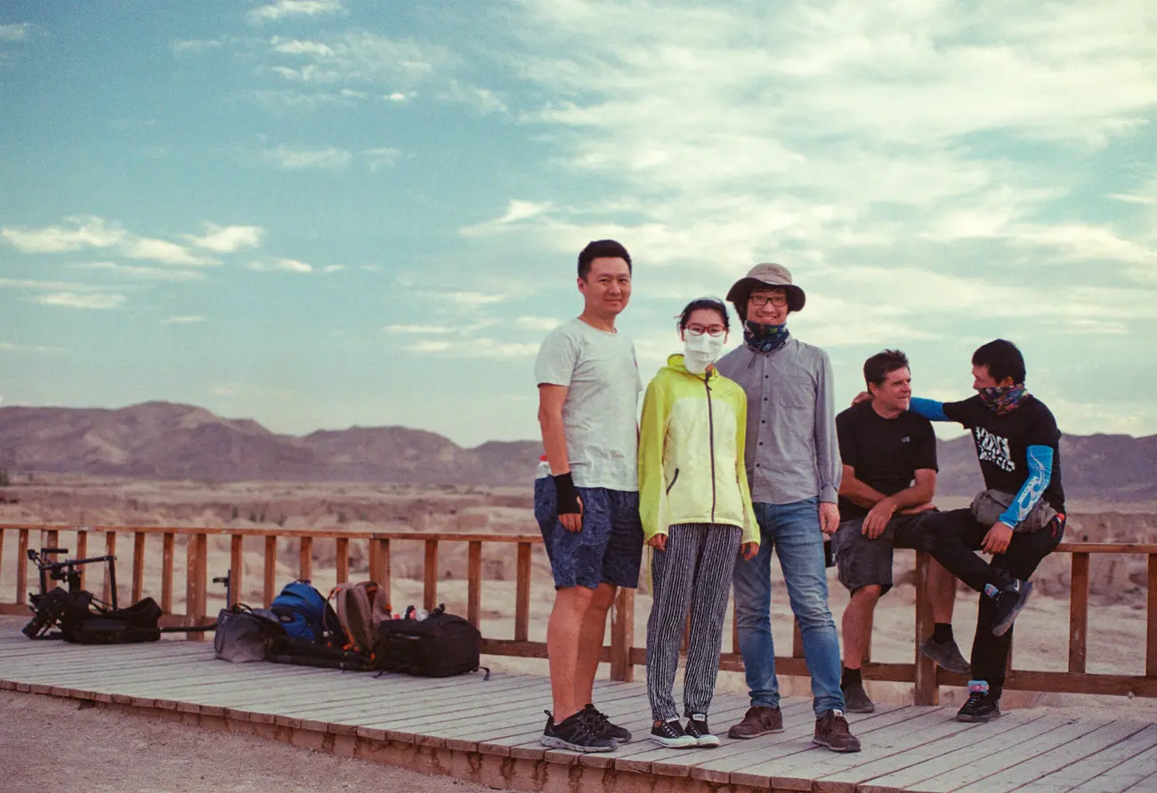 Sound recordist Sunny Yang, CICC producer Wang Xiting, field assistant Joshua Cheng, DOP Mike Single and camera assistant Gary Liu at Jiaohe Ancient City Ruins, Xinjiang