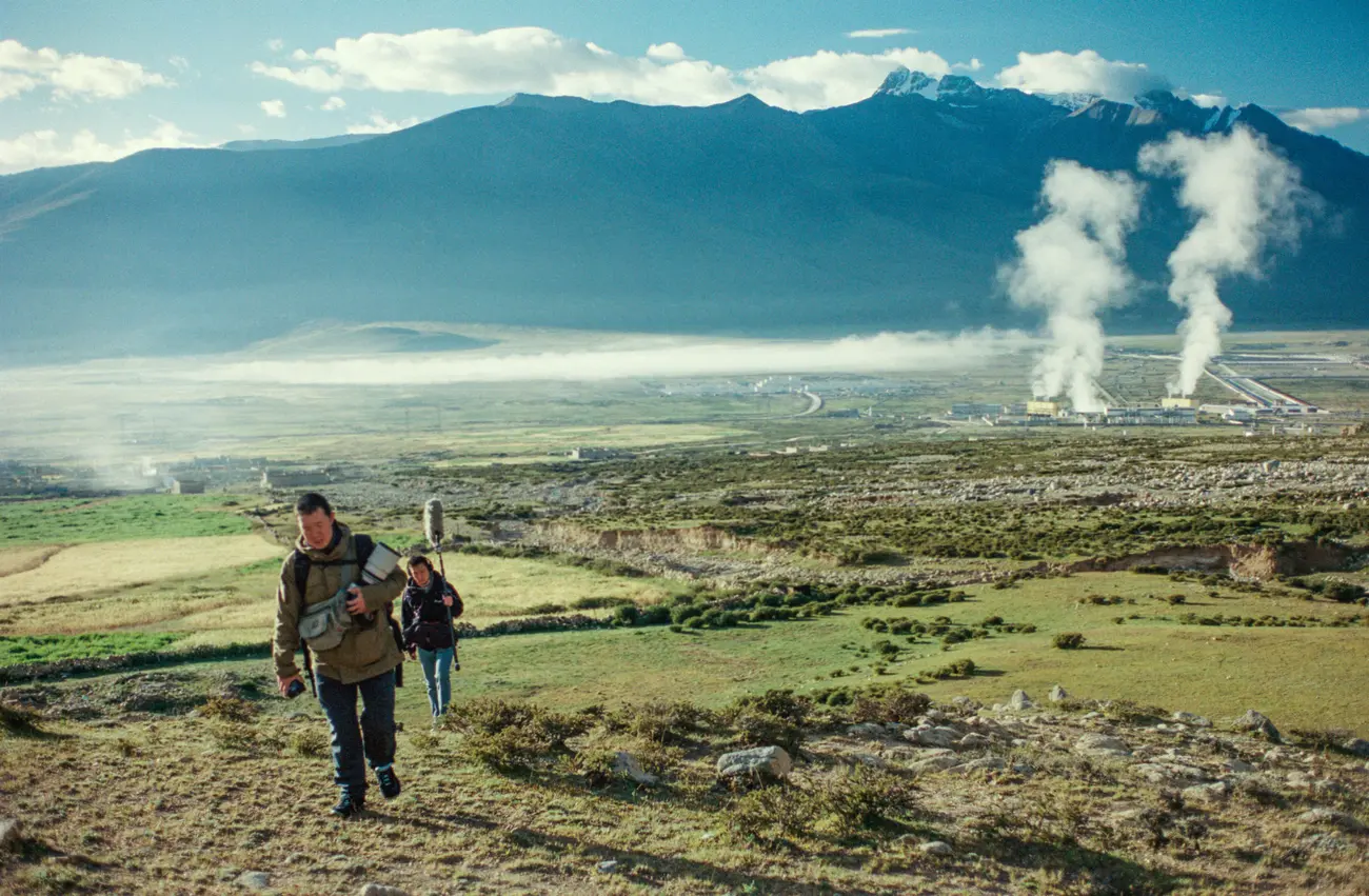 Camera assistant Gary Liu with sound recordist Sunny Yang at the Yangbajing Geothermal Field, Tibet