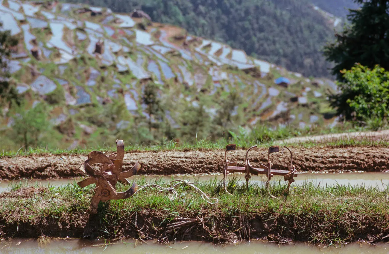 Tilling equipment at Jiabang's rice paddies