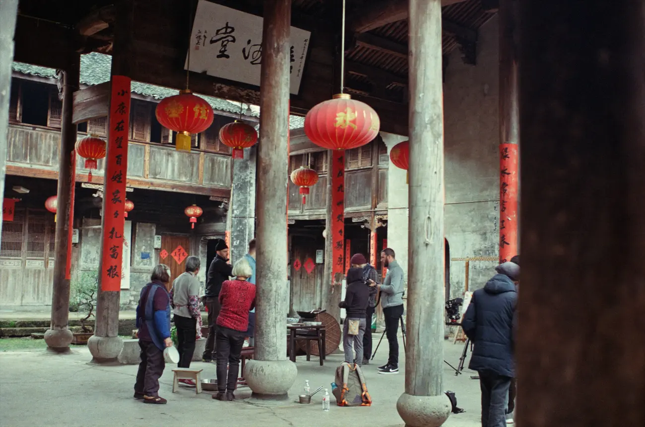 The crew set up in one of the classic Anhui-style courtyards in Panzhoujia village.