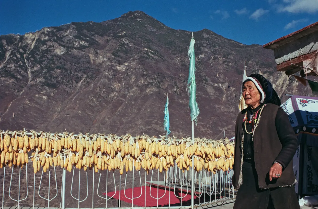 Tibetan grandma Xiage-achong shows us the view from her rooftop.