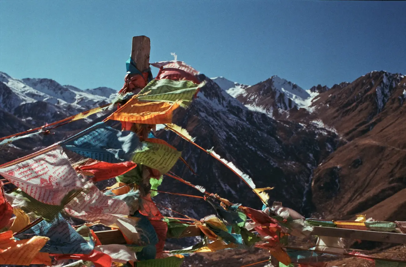 Tibetan prayer flags at a high pass in western Sichuan province.