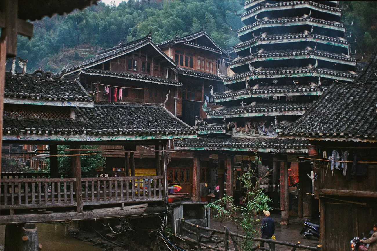 Five drum towers are paired with flower bridges in Zhaoxing village.