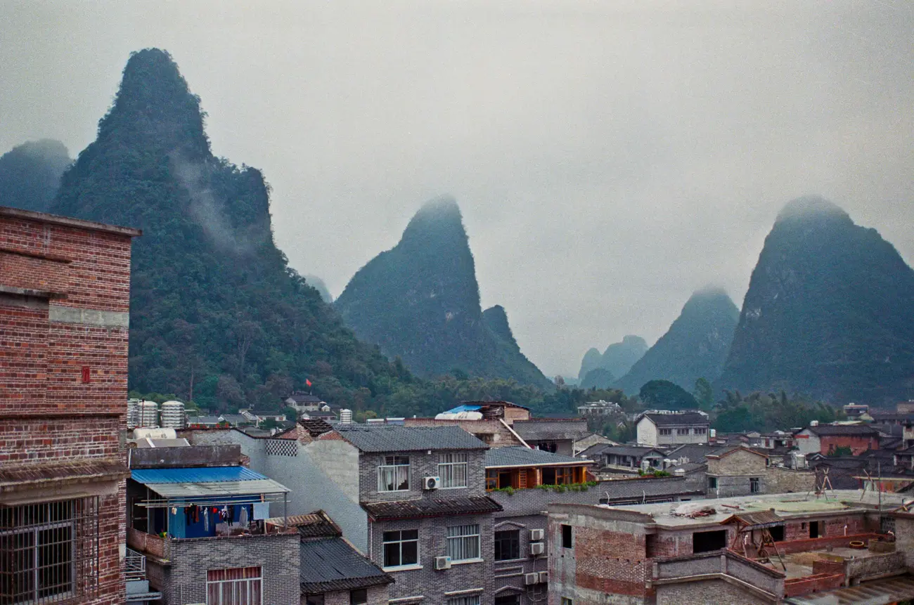 Huangyao village at the foot of stunning karst mountains.