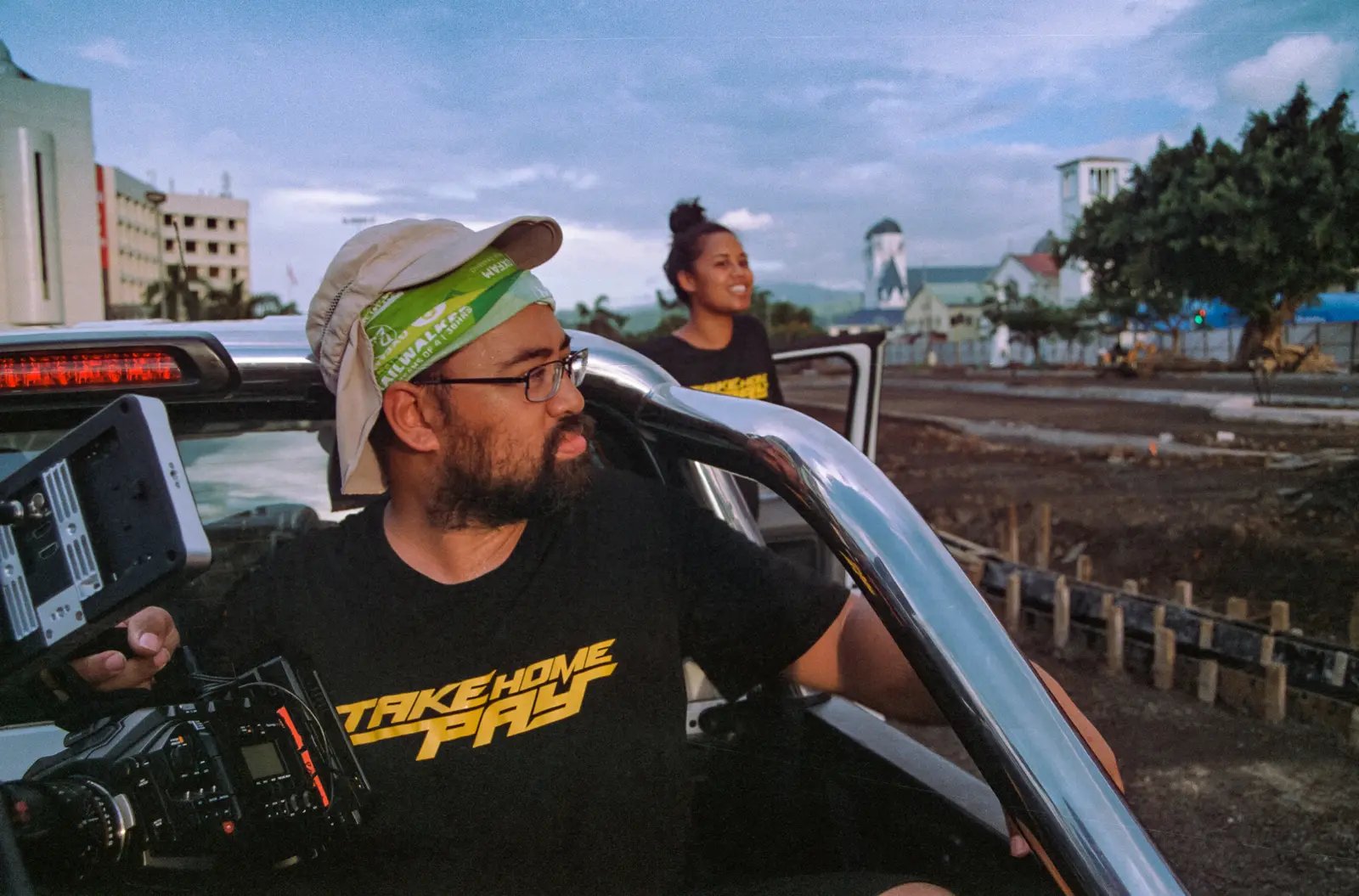 Stallone (S.Q.S) and Dinah (Abba-Rose) Vaiaoga-Ioasa prepare for a dynamic tracking shot in Apia, Samoa. | Fuji Superia 400